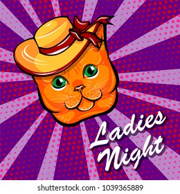 Red Cat in Wide-brimmed hat. Cat muzzle. Ladies night lettering. Vector illustration isolated on colorful background. Bow with ribbons.