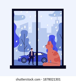 Red Cat In Windowsill. Pet Looking Out Window, Watching His Owner Outside In Rain Flat Vector Illustration. Domestic Animal Concept For Banner, Website Design Or Landing Web Page