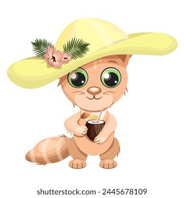 Red cat in a yellow hat with a coconut cocktail in his paws, isolated on a white background. Vector illustration of a cat for summer beach designs, textiles, cards.