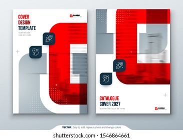 Red Catalog Design. A4 Cover Template for Brochure, Report, Catalog or Magazine. Layout with Bright Color Shapes and Abstract Photo on Background. Modern Catalog concept