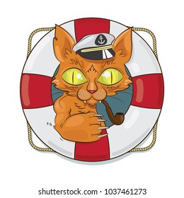Red catfish or marine cat in tatoo style with a smoking pipe and lifebuoy vector illustration