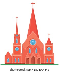 Red catholic church. Object of architecture in cartoon style.