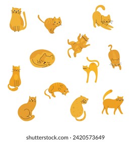 Red cats with different poses and emotions. Cats in a simple cute style, isolated vector illustration. A set of illustrations in a minimalistic style. Red cats of different shapes.