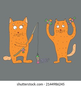 Red cats fishing. Funny cat with a fishing rod in his hands catches fish. Vector illustration. Comics. Coloring for children and adults. Cartoon