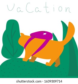Red cats left home with a backpack to go on an exciting vacation travel