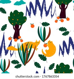 red cats play with oranges.orange tree, mountains, clouds, leaves, bushes.seamless pattern.white background.vector.
