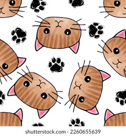 Red cats seamless pattern. Cat paws background vector illustration. Cute cartoon pastel character for nursery girl or boy baby print.