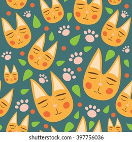 Red cats seamless pattern for kids with leaves and dots on green background. Cute cats for fabric, textile, baby clothes. Colorful vector. Funny kitty texture. Doodles for your design. Cartoon style.