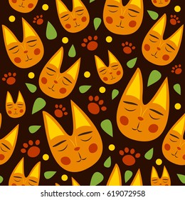Red cats seamless pattern for kids with leaves and dots on brown background. Colorful vector. Cartoon style.