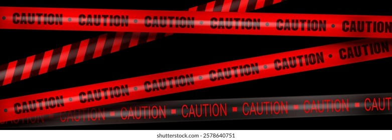 Red caution barrier tape with striped pattern on dark background - crossing warning ribbons with repeated text. Emergency hazard notification element on black backdrop for danger zone marking.