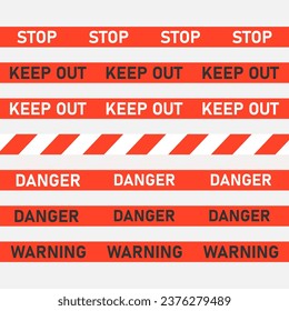 Red caution, danger tape. Keep out area: restricted access, construction zone, warning signs, stop. Flat vector illustration.