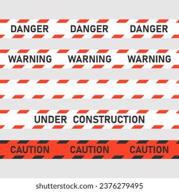 Red caution seamless tape. Prioritizing safety: restricted access, construction zone, warning signs. Flat vector illustration.