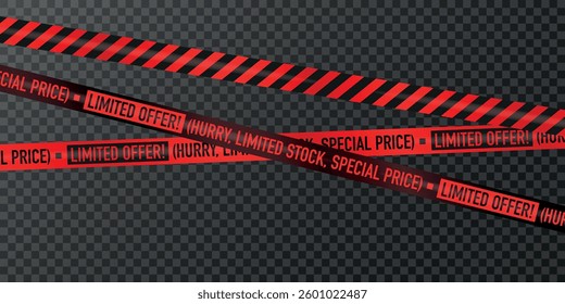 Red caution tape with black stripes and promotional text "limited offer!", "hurry, limited stock, special price" on a transparent background.