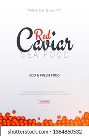 Red Caviar banner. Delicious seafood background. Caviar vector illustration. Natural and healthy luxury food. Design for fish menu. Vector Illustration