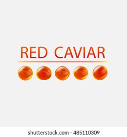 Red Caviar banner. Five isolated caviar spheres and text on white background. Dainty food