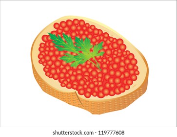 Red caviar with bread on the white background