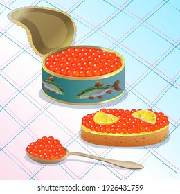Red caviar of fish from the salmon family. Caviar sandwich. Bank of pink salmon caviar. Sushi caviar.