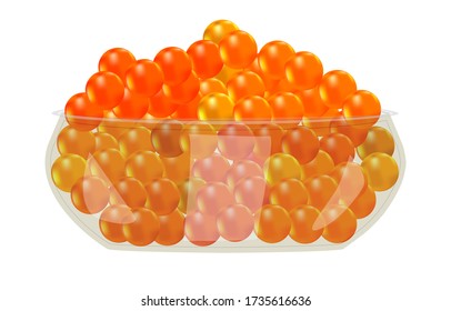 Red caviar in glass bowl isolated on white background. Eating appetizer and meal luxury tasty ingredient. Sea food. Gourmet product. Salmon caviar. Red caviar pearls. Stock vector illustration