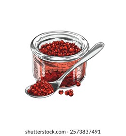 Red caviar in a glass jar with a spoon, hand drawn vector illustration. Watercolor outline style of seafood delicacy. Exquisite appetizer of salmon caviar. Isolated on white background.