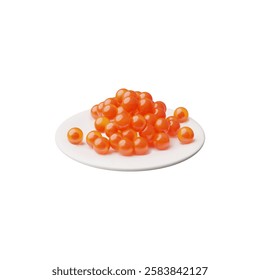 Red caviar heap 3D cartoon vector illustration. Realistic sea food, natural delicacy product, healthy cook ingredient. Fresh roe pile from salmon or trout fish isolated on white background