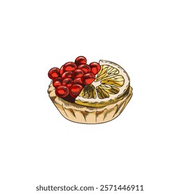 Red caviar heap and lemon slice on the tartlet vector hand drawn illustration. Sea food, natural delicacy product, healthy appetizer, snack color sketch. Fresh roe from Salmon or trout fish