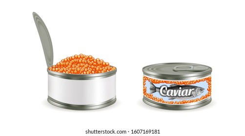 Red caviar in metal can, vector illustration isolated on white background. Salmon, trout or cod fish salted roe packaging mockup set.