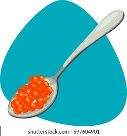 Red caviar on spoon. Isolated. On blue background.