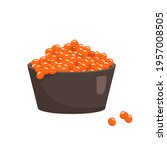 Red caviar in a plate icon. Delicious seafood for a holiday. Russian tradition. Small balls in a brown bowl. Vector flat illustration