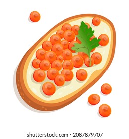 Red Caviar Sandwich with a parsley leaf vector illustration isolated on white background. Healthy breakfast food. Red caviar on a piece of bread with butter