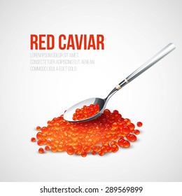 Red caviar in a spoon over blue background. Vector illustration EPS 10