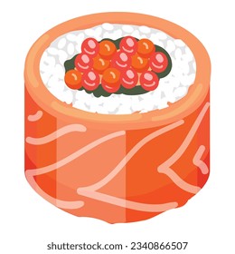 Red caviar sushi roll icon cartoon vector. Japanese roll. Salmon food