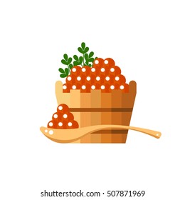 Red caviar in a wooden barrel and spoon. Roe icon vector illustration. Russian traditional snack. Caviare menu for restaurant.