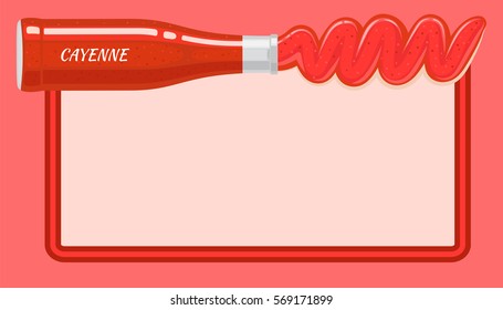 Red cayenne sauce poured out from lying bottle on top of picture with light place for writing inside. Vector illustration of red hot condiment based on vinegar for making meal spicy and tasty