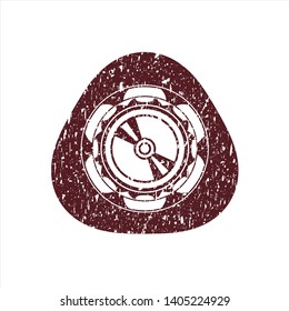 Red CD or DVD disc icon inside distress rubber stamp with grunge texture