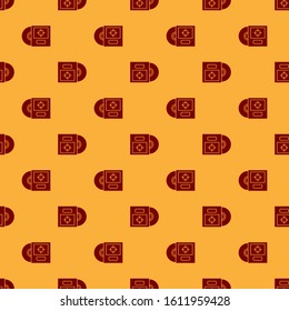 Red CD or DVD disk in box icon isolated seamless pattern on brown background. Compact disc sign.  Vector Illustration