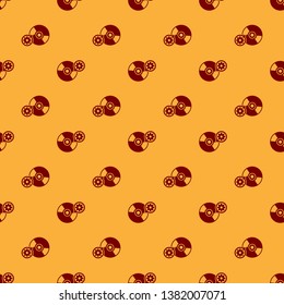 Red CD or DVD disk and gear icon isolated seamless pattern on brown background. Adjusting app, service concept, setting options, maintenance, repair, fixing. Vector Illustration