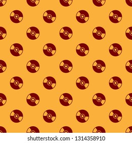 Red CD or DVD disk icon isolated seamless pattern on brown background. Compact disc sign. Flat design. Vector Illustration