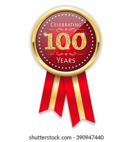 Red celebrating 100 years badge, rosette with gold border and ribbon