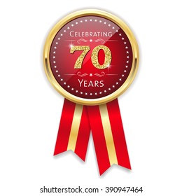 Red celebrating 70 years badge, rosette with gold border and ribbon