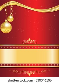 Red celebration background for winter holidays (Christmas and New Year) with  Christmas baubles and decorative elements. Print colors used. Greeting card custom size. Copy space for your own text.