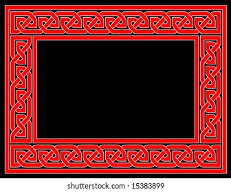 A red Celtic knot frame with black background.