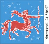 Red Centaur with bow and arrow. Zodiac sign - Sagittarius. Vector illustration. Blue background