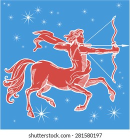 Red Centaur with bow and arrow. Zodiac sign - Sagittarius. Vector illustration. Blue background