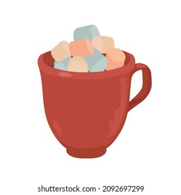 Red ceramic cocoa mug with colored marshmallow. A hot drink for a cozy winter mood. Isolated vector element. 