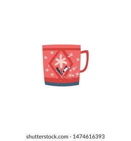 Red ceramic cup with flower decor in flat cartoon style, vector illustration isolated on white background. Porcelain mug for hot drink as tea or coffee, kitchen crockery