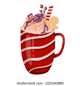 Red ceramic cup with hot chocolate, cream and marshmallows. Caramel stick, cookies and cinnamon. Winter cappuccino. Latte in a red cup.