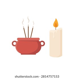 A red ceramic incense burner with three burning sticks emitting smoke next to a tall white wax candle with a bright yellow flame on white background