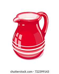 Red Ceramic jug with milk. Fictile tableware. Capacity for drink. Isolated white background. Vector illustration.