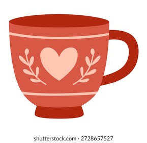 Red ceramic mug with pink heart and leafy branches, cozy and charming design, evokes warmth, love, and comfort, perfect for romantic or seasonal themes.