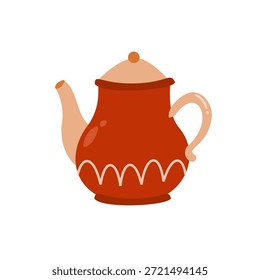 Red ceramic teapot. Kitchen utensil vector. Home decoration